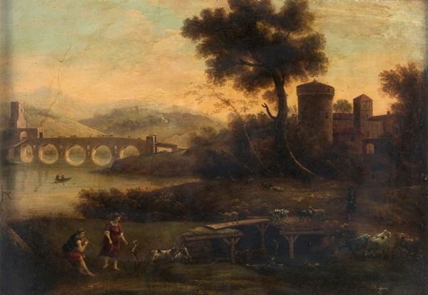 Pittore fiammingo del XVIII secolo - Paesaggio fluviale con figure
