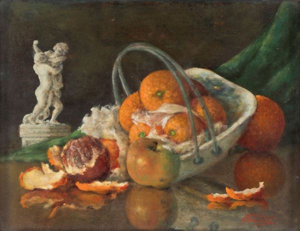 Pittore del XX secolo - Natura morta con cesto di arance e gruppo scultoreo raffigurante il ratto di Proserpina