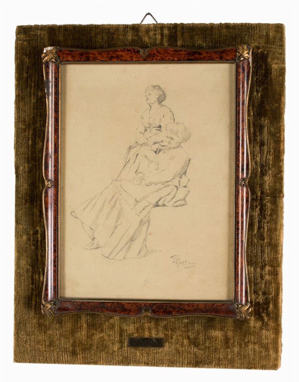 Teofilo Patini : Due donne in posa  - matita su carta - Asta Antiquariato Dipinti Antichi e del XIX secolo, Arredi, Tappeti, e Argenti - Casa d'Aste Arcadia