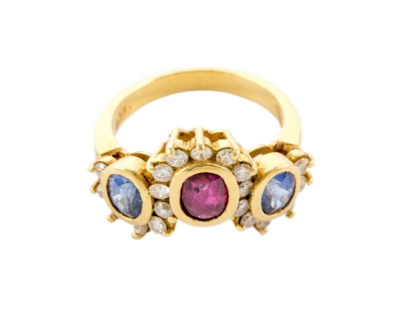 Anello in Oro Giallo con Zaffiri di Ceylon Brill e Rubino