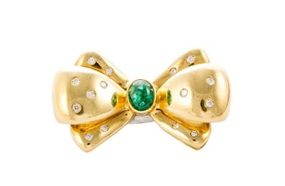 Spilla Fiocco in Oro Giallo con Smeraldo Cabouchon e Brill. Gr.14,50 Totali