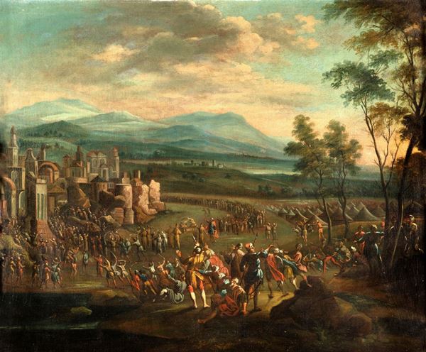 Pittore del XVIII secolo - Paesaggio con accampamento e assalto alla cittadella
