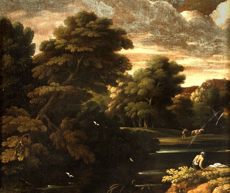 Pittore del XVII Secolo - Paesaggio Fluviale con Figura