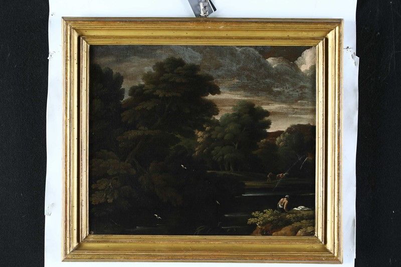 Pittore del XVII Secolo - Paesaggio Fluviale con Figura