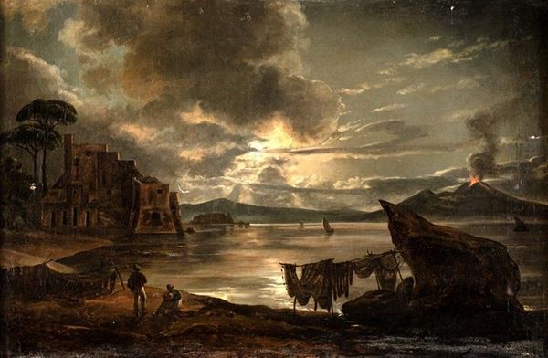 Scuola Napoletana del XIX secolo - Veduta notturna del golfo di Gaeta col castello Aragonese e il Vesuvio in eruzione