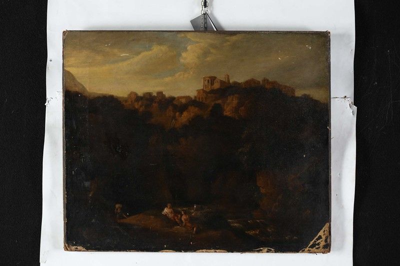 Scuola Romana del XVII/XVIII Secolo - Veduta di Tivoli con Figure