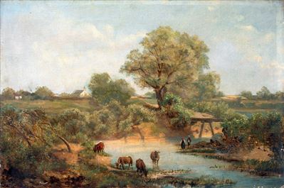 Paesaggio Fluviale con Figure e Buoi