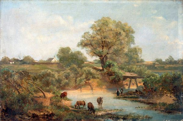 Pittore del XIX secolo - Paesaggio fluviale con figure e buoi 