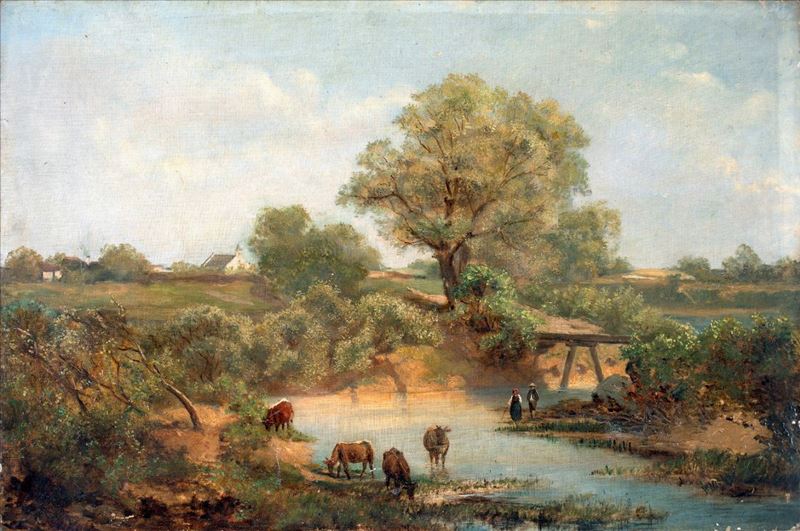 Pittore del XIX Secolo - Paesaggio Fluviale con Figure e Buoi