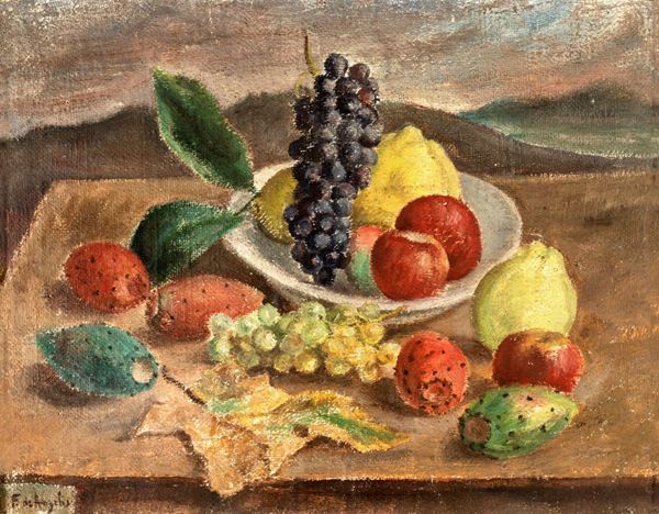Pittore del XX secolo - Natura morta di frutta con uva, cedri e fichi d&#39;india