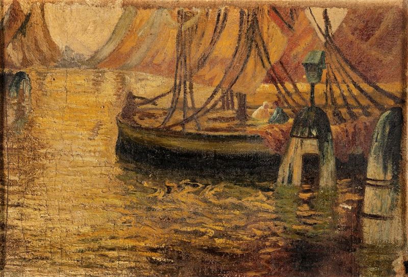 Pittore del XX Secolo - Marina con Barca Ormeggiata