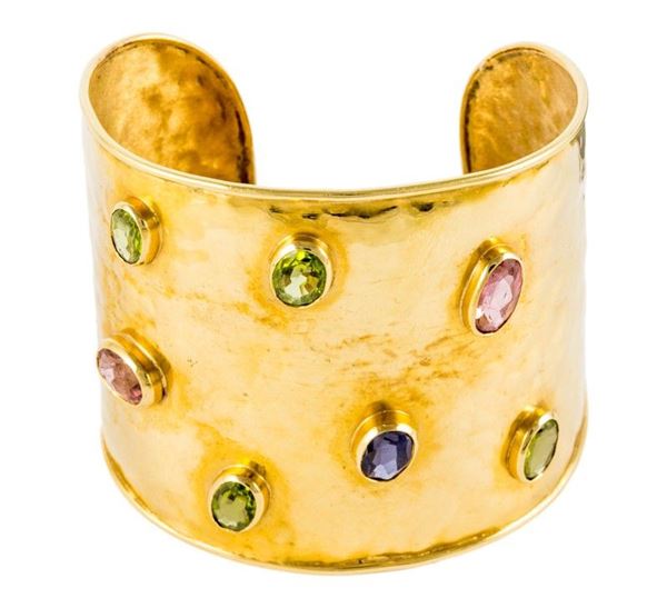 Bracciale rigido a fascia in oro giallo e tormaline gr.33 totali
