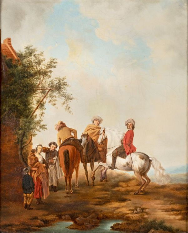 Pittore degli inizi del XIX secolo - Cavalieri in sosta e famiglia di viandanti