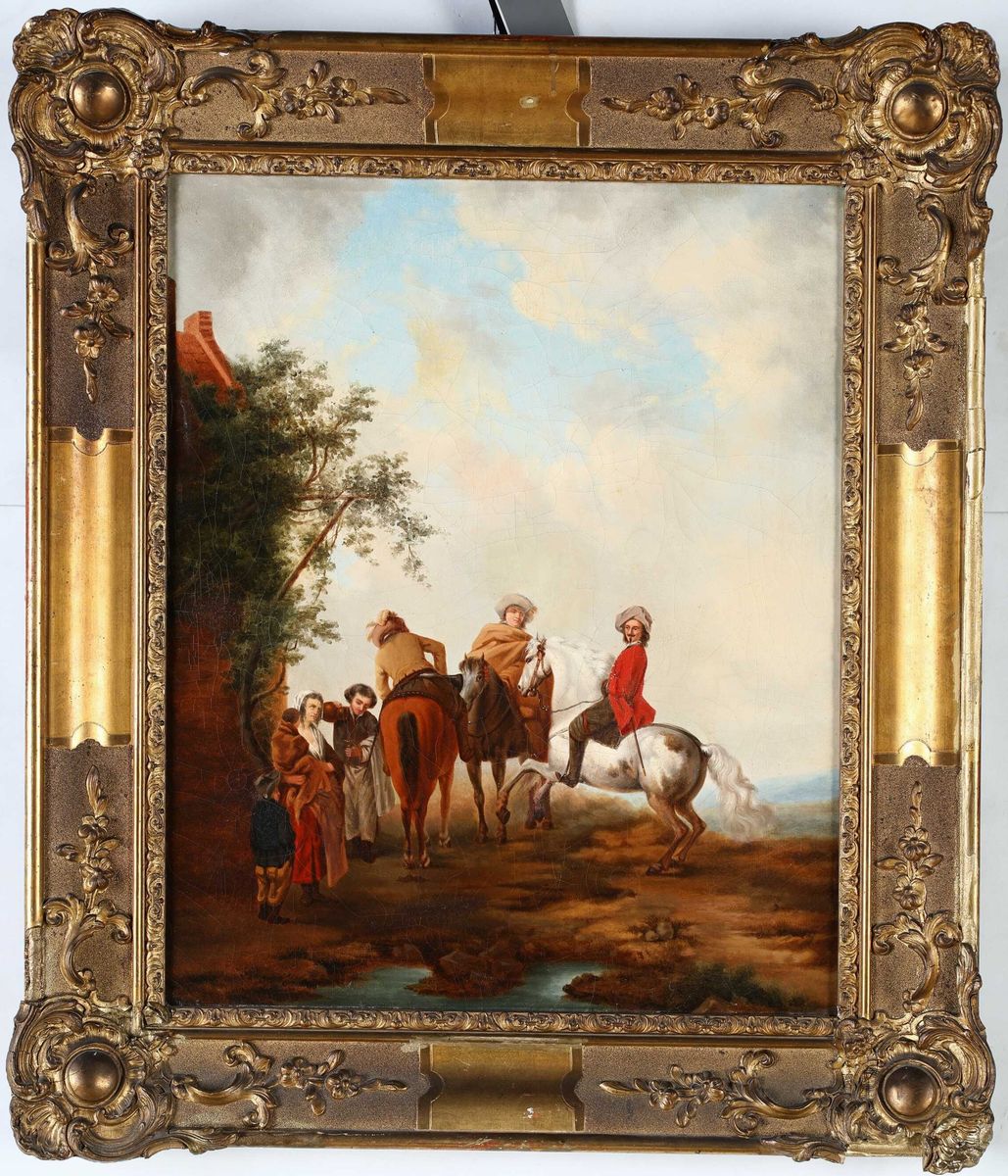 Pittore degli Inizi del XIX Secolo - Cavalieri in Sosta e Famiglia di Viandanti