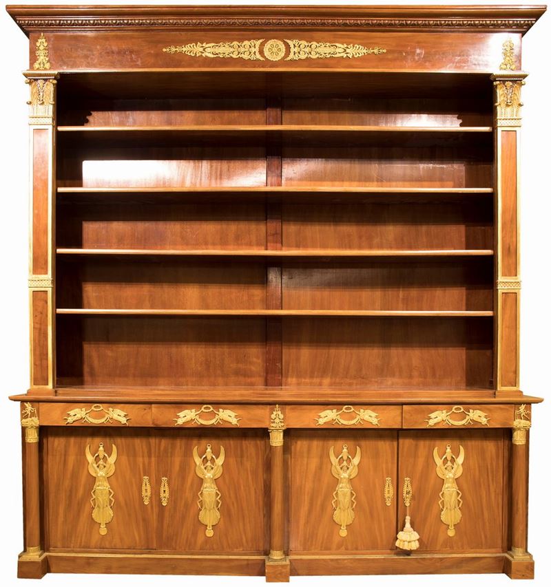 Grande Libreria Impero a Due Corpi in Mogano, Francia, XIX Secolo