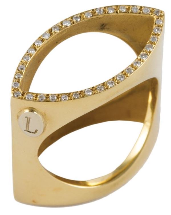 Anello oro giallo a losanga gr 13 34 grillanti, ct 0,17