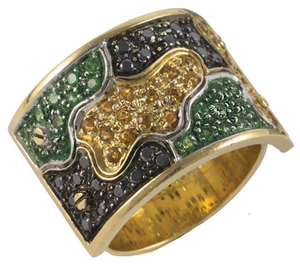 Anello a fascia mimeticaoro giallo gr 17,10 con brillanti neri, tzavorrite e citrini
