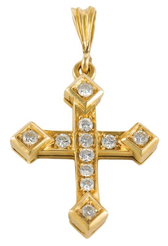 Ciondolo Croce Oro Gr 2,70 11 Brillanti Ct O,20