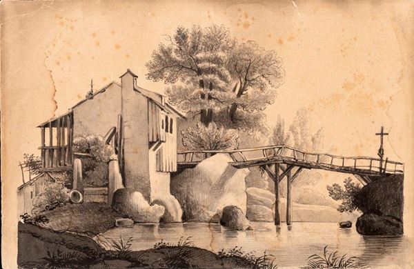Johann Jacob Frey Attribuito - Paesaggio fluviale con mulino e ponte