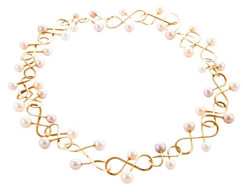 Collana in Oro Rosa con Perle, Rosa, Bianche di Acqua Dolce, Gr. Tot. 85,30 Lunghezza CM 63,50
