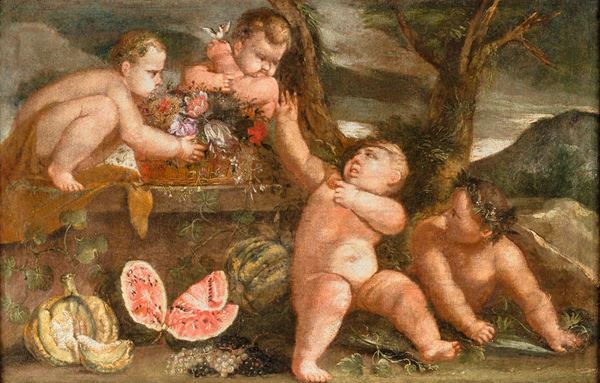 Scuola napoletana del XVII secolo - Gioco di putti con natura morta di fiori, zucca e anguria.