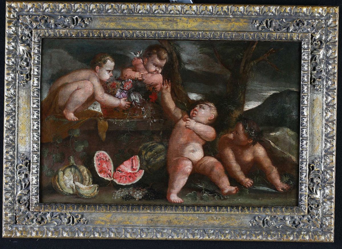 Scuola Napoletana del XVII Secolo - Gioco di Putti con Natura Morta di Fiori, Zucca e Anguria.