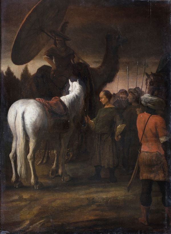 Scuola Fiamminga del XVII secolo - Figure in sosta con cavallo bianco e dromedario.