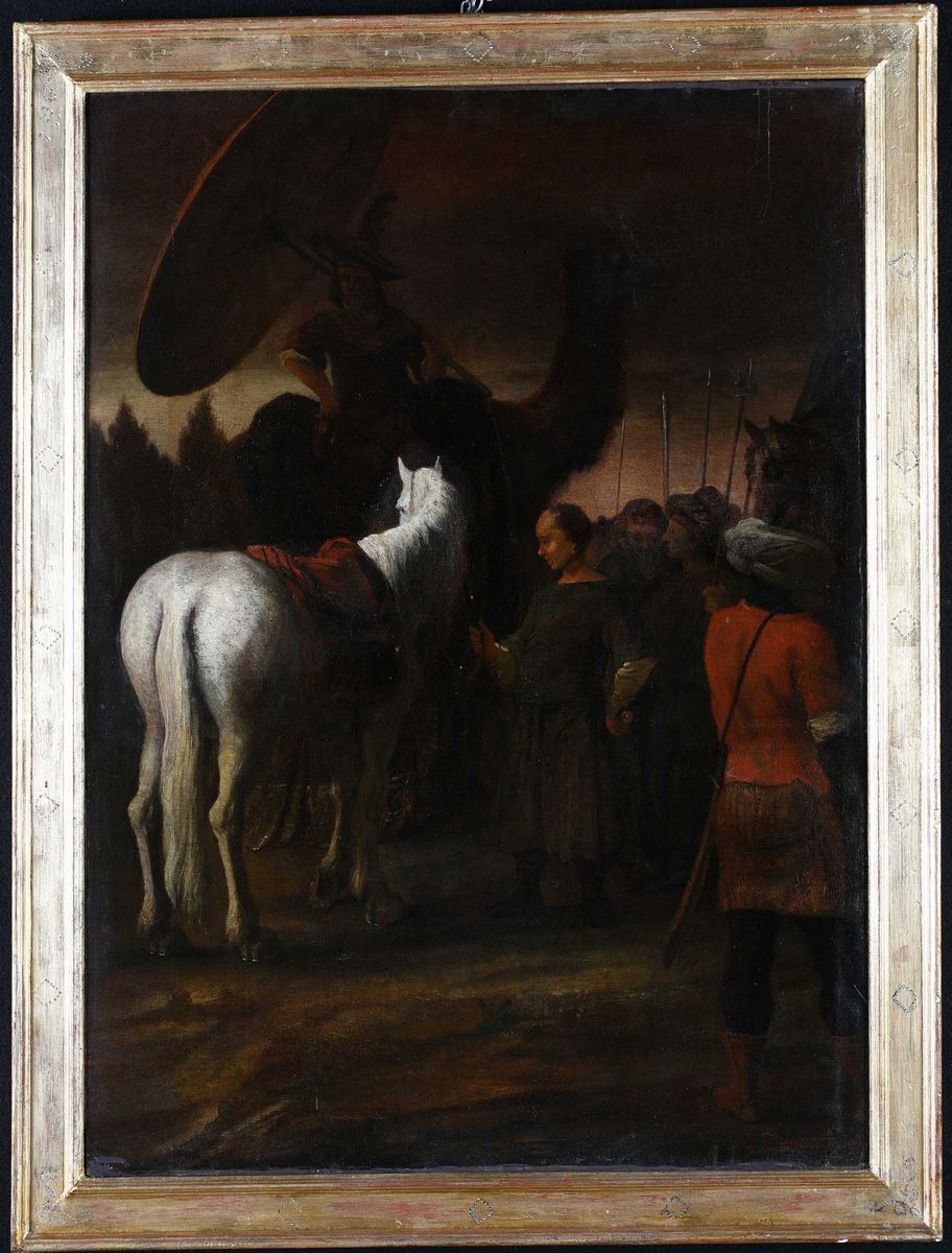 Scuola Fiamminga del XVII Secolo - Figure in Sosta con Cavallo Bianco e Dromedario.
