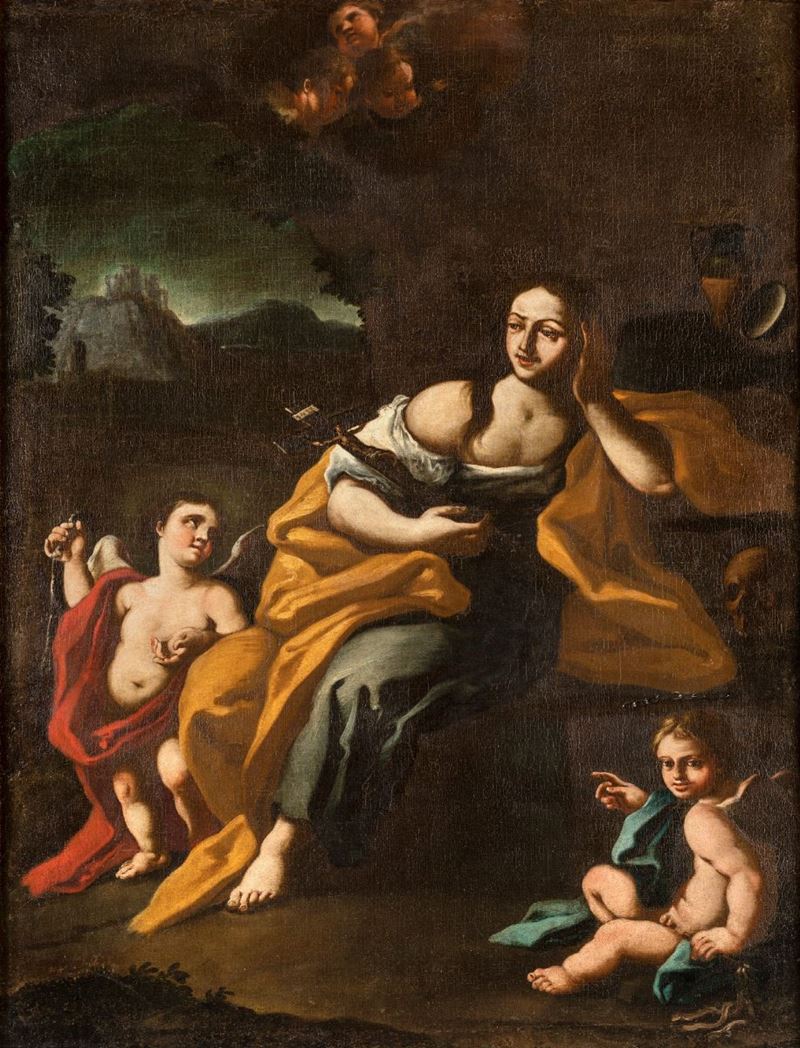 Scuola Napoletana del XVII Secolo - Maddalena Penitente con Angeli