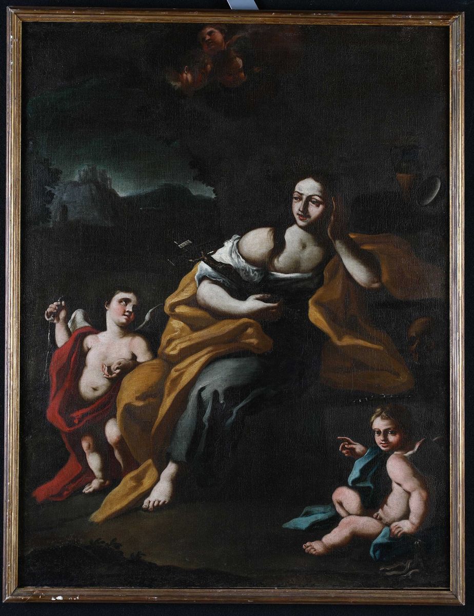 Scuola Napoletana del XVII Secolo - Maddalena Penitente con Angeli