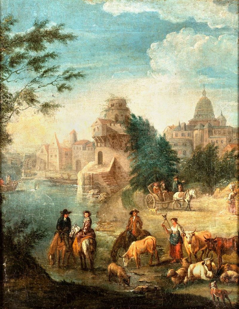 Scuola Fiamminga del XVIII Secolo - Scena Campestre con Basilica di San Pietro