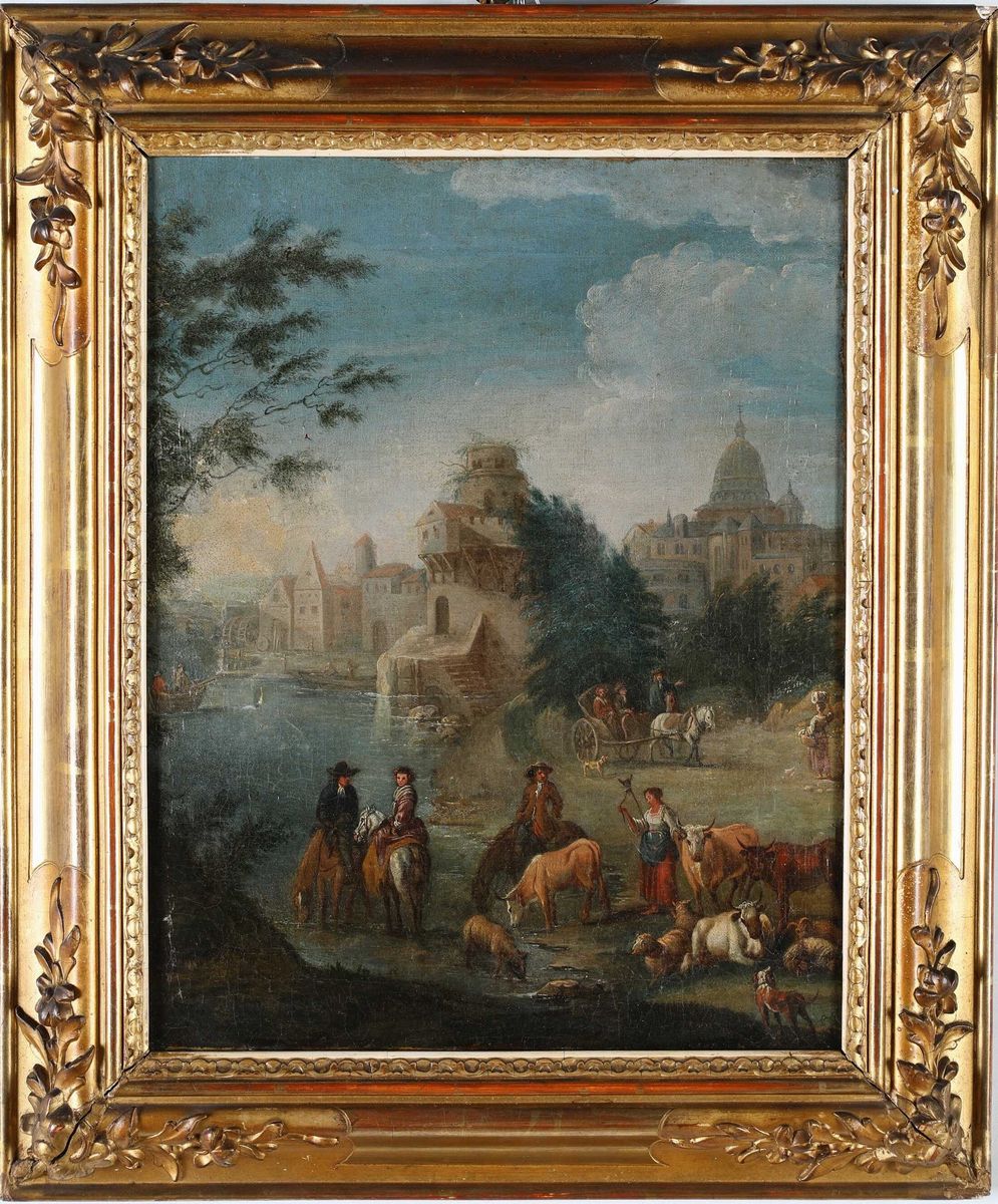 Scuola Fiamminga del XVIII Secolo - Scena Campestre con Basilica di San Pietro