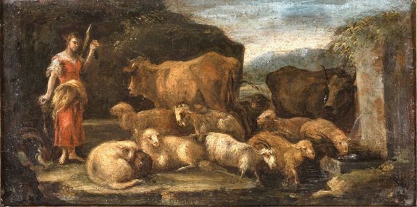 Scuola napoletana. XVII secolo - Paesaggi con armenti in sosta e figure.