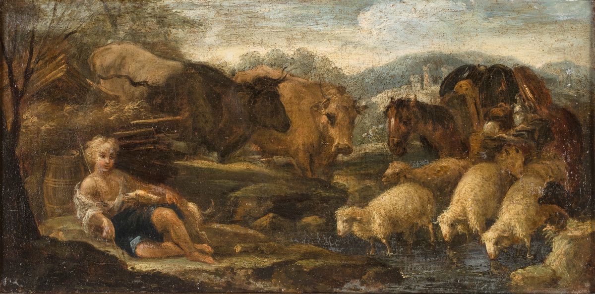 Scuola Napoletana. XVII Secolo - Paesaggi con Armenti in Sosta e Figure.