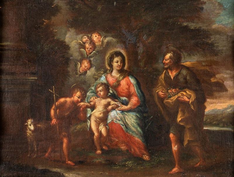Scuola Romana del XVII/XVIII Secolo - Sacra Famiglia con San Giovannino, Agnello e Angeli