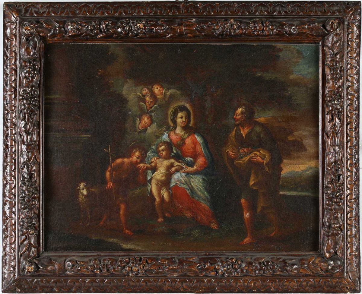 Scuola Romana del XVII/XVIII Secolo - Sacra Famiglia con San Giovannino, Agnello e Angeli