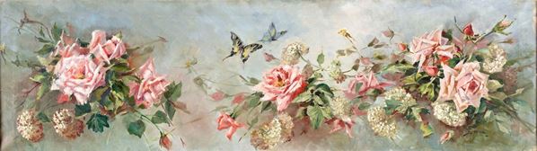 Composizione floreale con rose e farfalle
