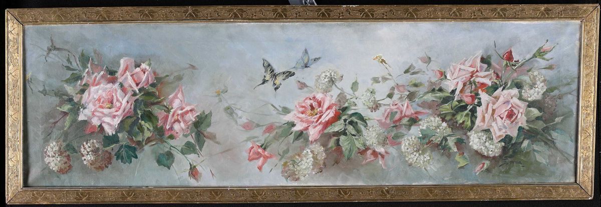 Pittore del XX Secolo - Composizione Floreale con Rose e Farfalle