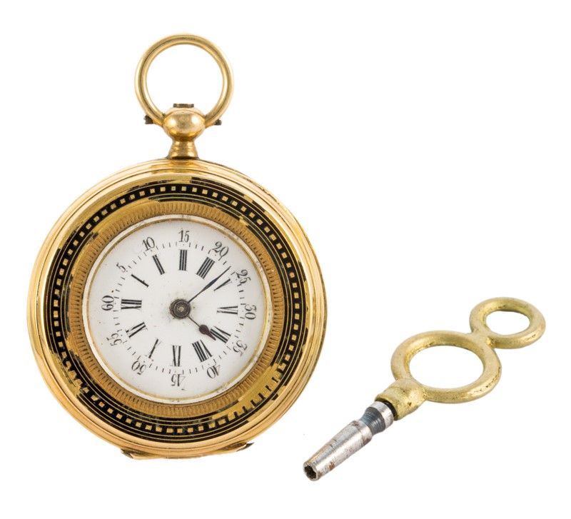 Orologio Mermod Geneve Cylindre Huit Rubis Carica a Chiave Rif 4263 da Tasca in Oro 9 Ct. e Smalt...