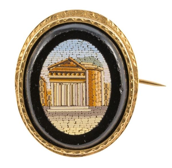 Spilla in oro con micromosaico &quot;Pantheon&quot;