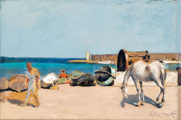 Gino Romiti - Spiaggia livornese con barche in secca e cavallo bianco