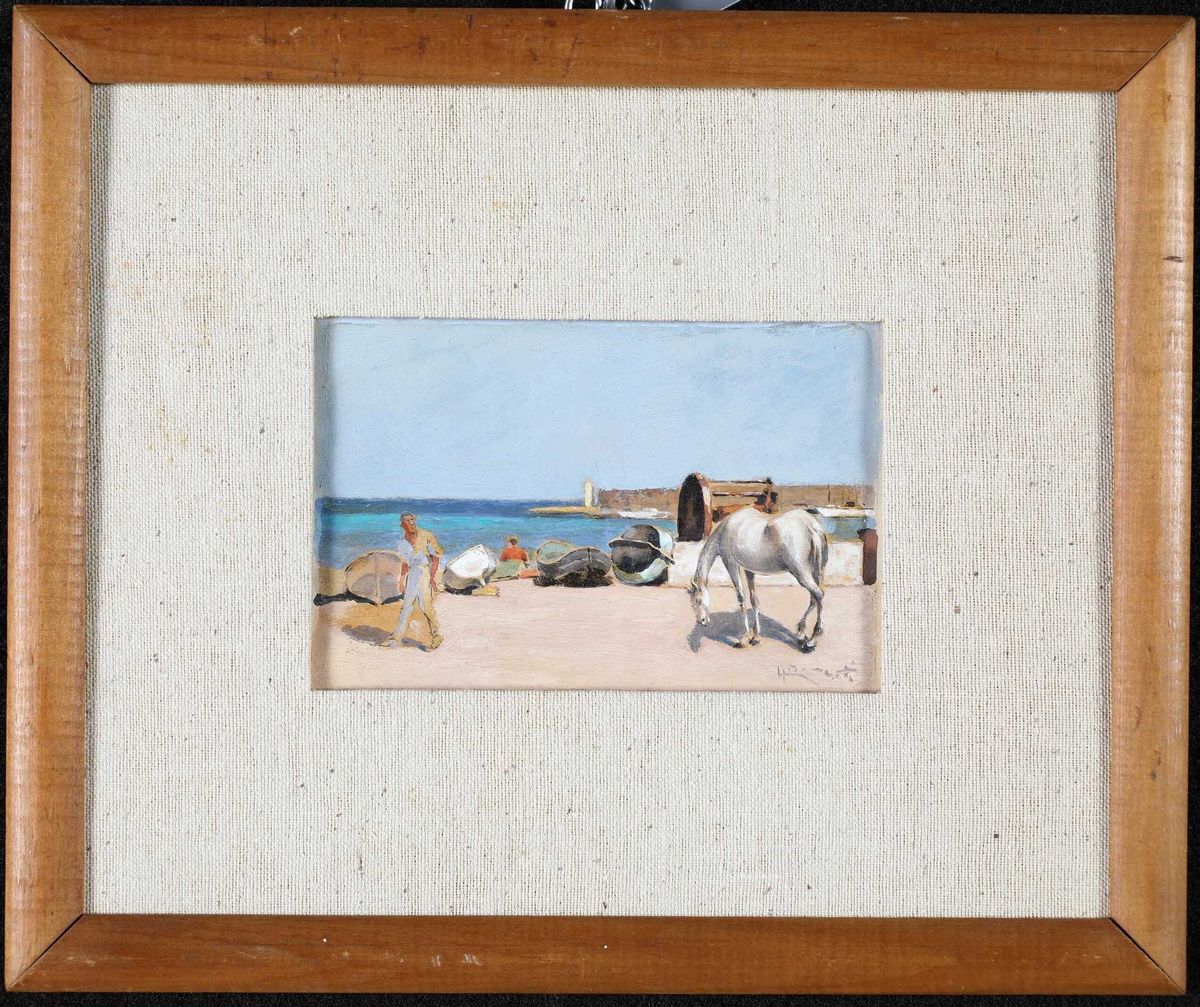 Gino Romiti - Spiaggia Livornese con Barche in Secca e Cavallo Bianco