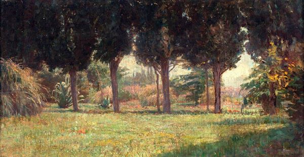 Scuola francese del XIX secolo - Veduta di giardino con filare di alberi ed agavi