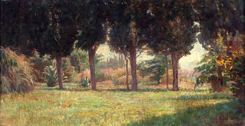 Scuola Francese del XIX Secolo - Veduta di Giardino con Filare di Alberi ed Agavi