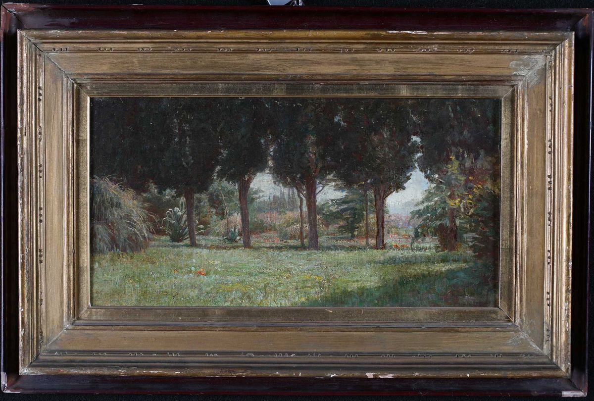 Scuola Francese del XIX Secolo - Veduta di Giardino con Filare di Alberi ed Agavi
