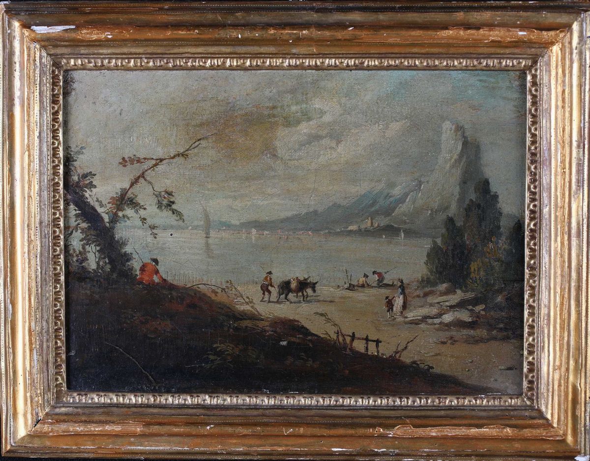 Scuola Veneta del XVIII Secolo - Paesaggio Lacustre con Figure