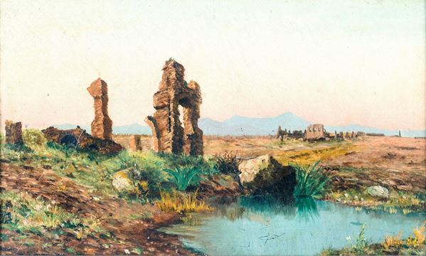 Pittore del XIX secolo - Paesaggio con rovine