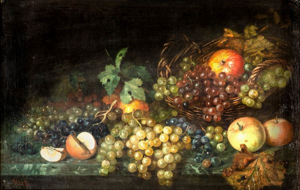 Scuola francese del XIX secolo - Natura morta di frutta con uva e mele.