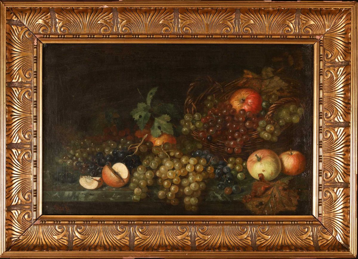 Scuola Francese del XIX Secolo - Natura Morta di Frutta con Uva e Mele.