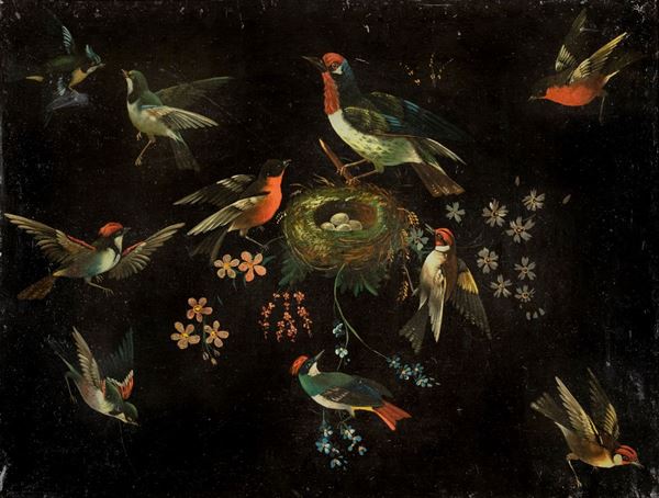 Pittore del XIX secolo - Composizione con nido e volatili